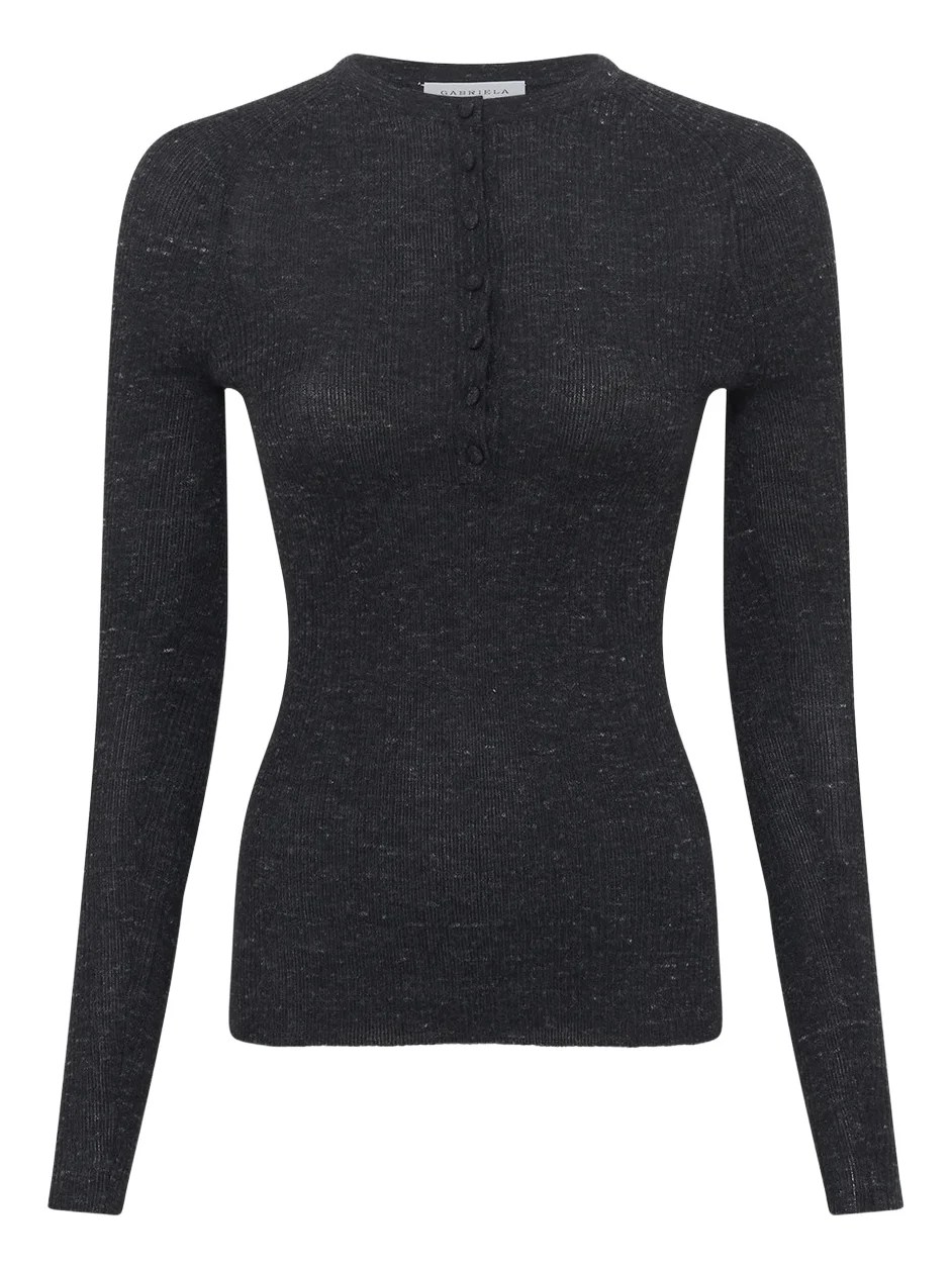Gabriela Hearst Anges Knit Henley in Black Cashmere Silk with Hemp