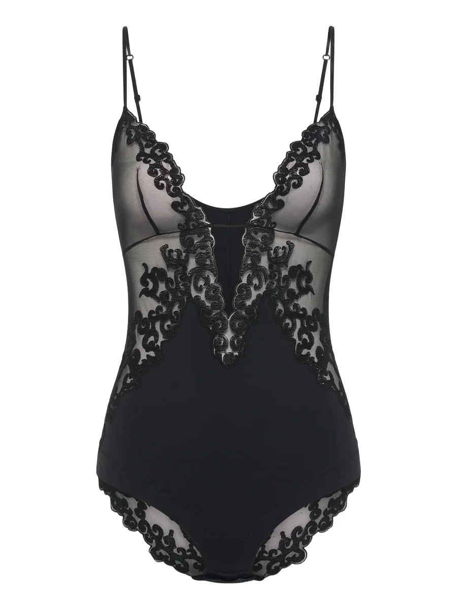 Gabriela Hearst Wynona Bodysuit in Black Recycled Nylon Lace