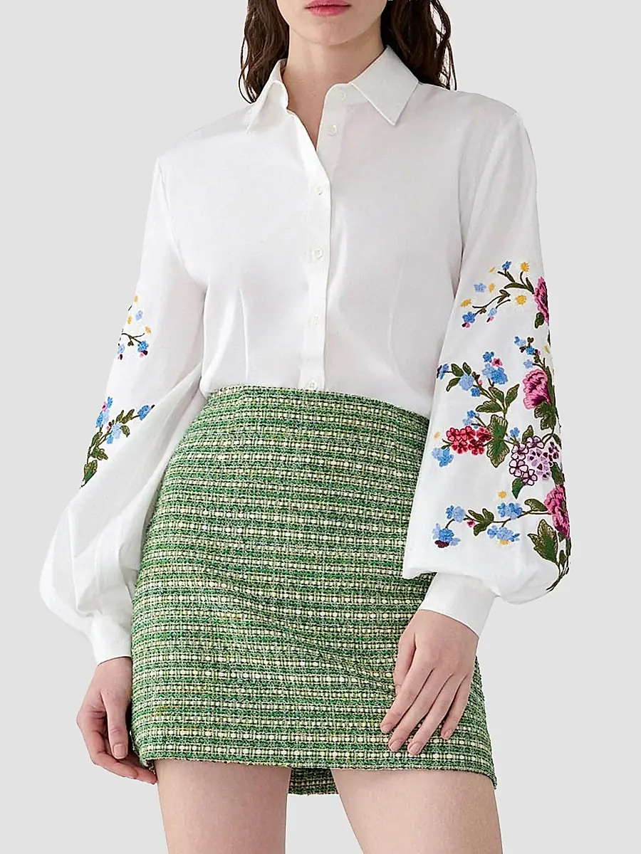 Carolina Herrera Women's Floral-Embroidered Cotton Shirt | Thumbnail 3