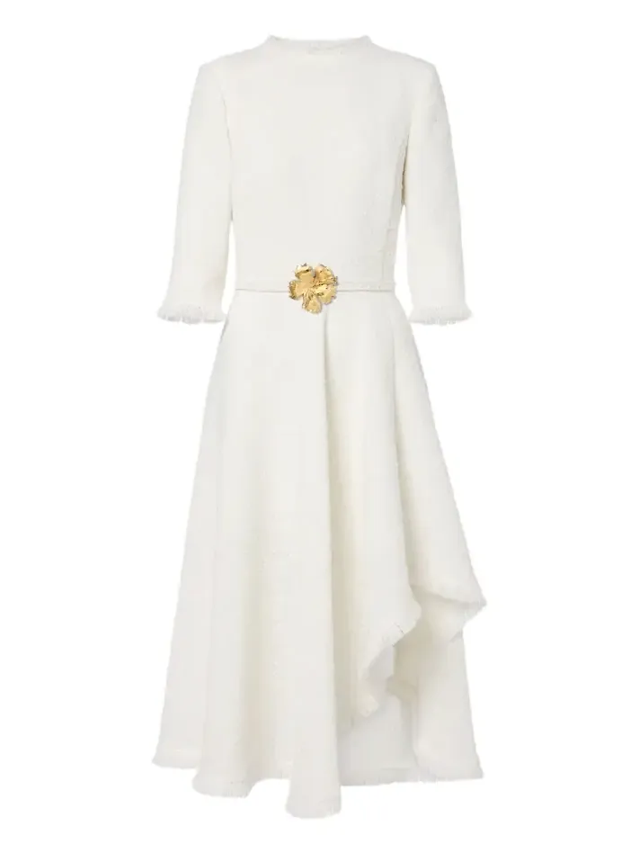 Belted fringed bouclé midi dress