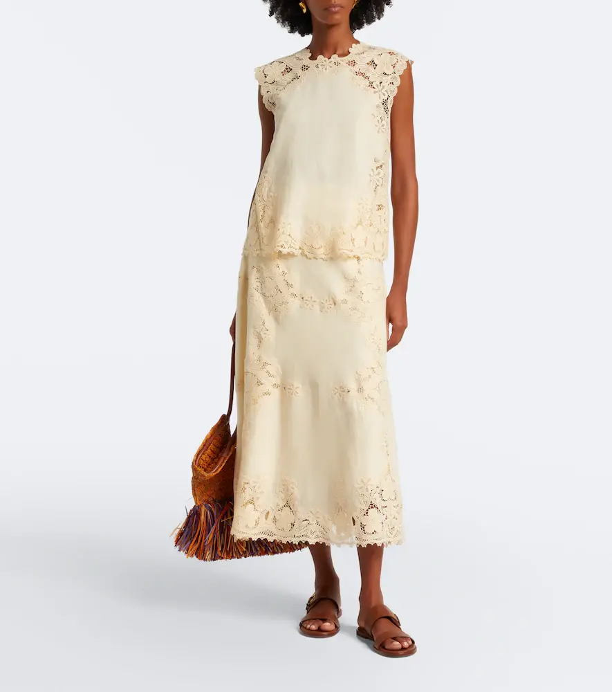Ulla Johnson Fleur crochet-trimmed linen midi skirt | Thumbnail 3