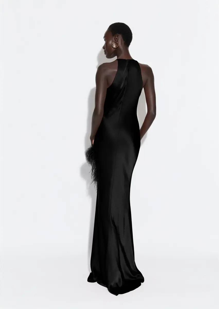 Lapointe Satin Halter Gown With Feathers | Thumbnail 2 Lapointe Satin Halter Gown With Feathers | Thumbnail 2