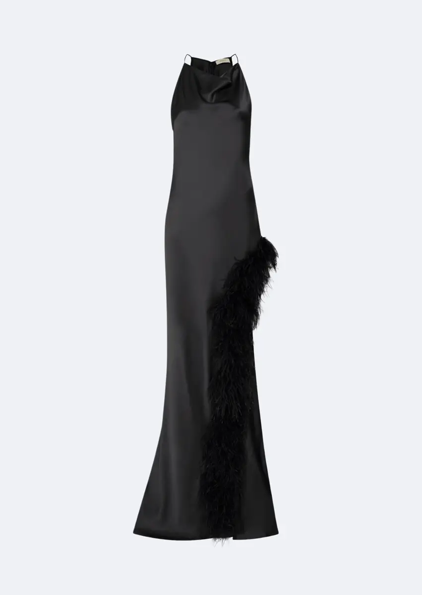 Lapointe Satin Halter Gown With Feathers | Thumbnail 3 Lapointe Satin Halter Gown With Feathers | Thumbnail 3