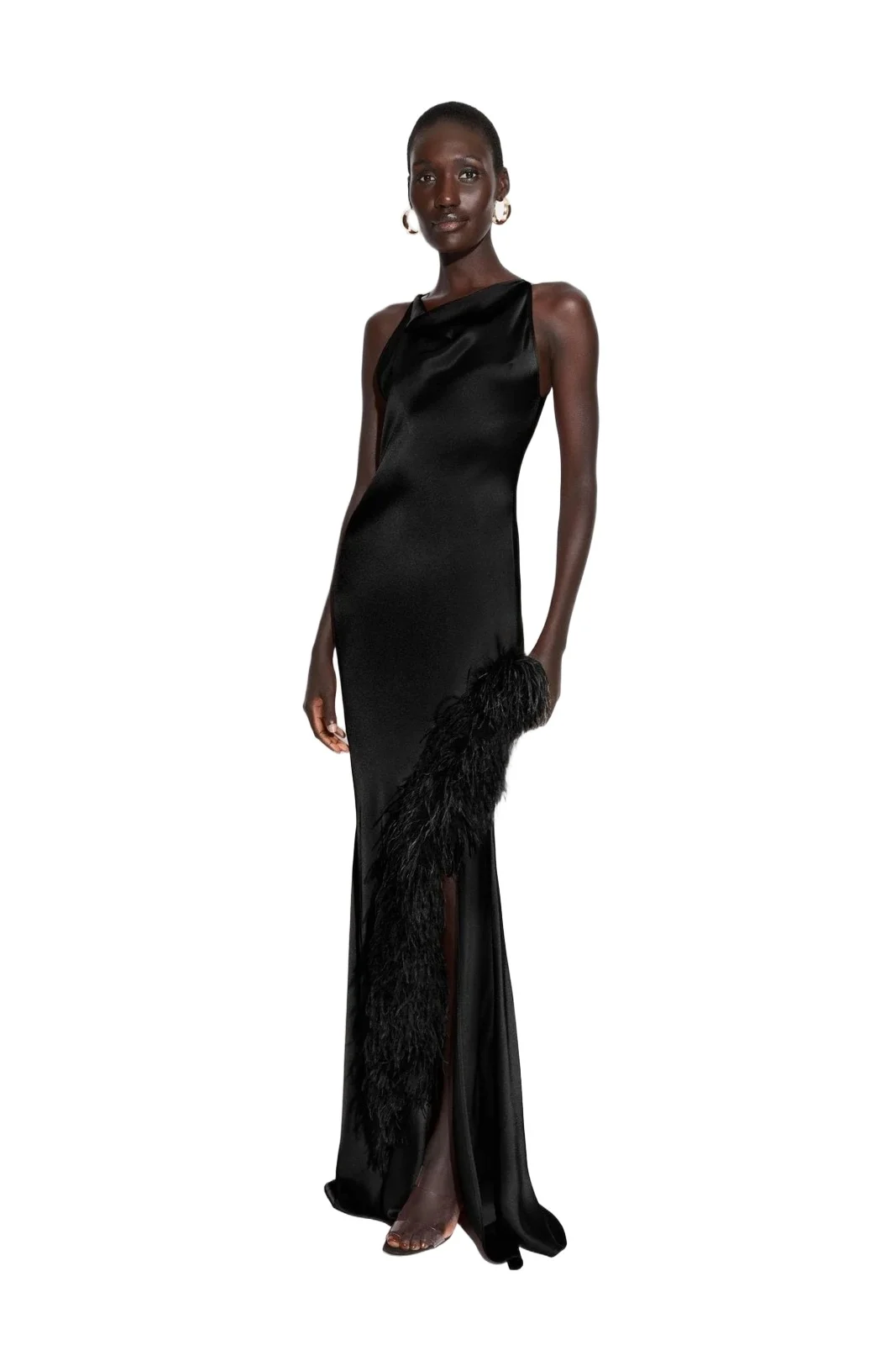 Satin Halter Gown With Feathers Satin Halter Gown With Feathers