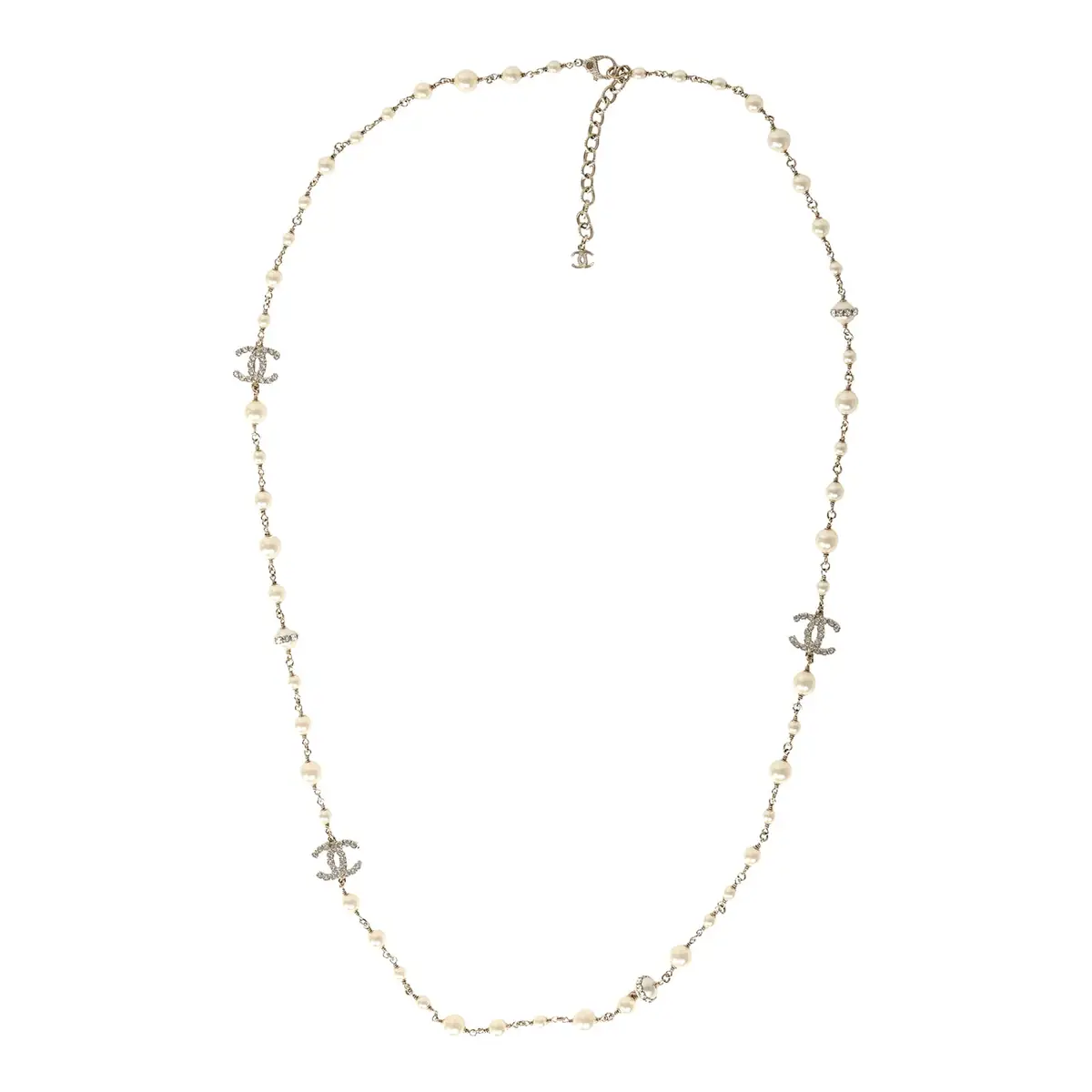 Chanel Chanel Long Crystal CC and Pearl Necklace Faux Pearls Gold Tone Hardware | Thumbnail 2 Chanel Chanel Long Crystal CC and Pearl Necklace Faux Pearls Gold Tone Hardware | Thumbnail 2