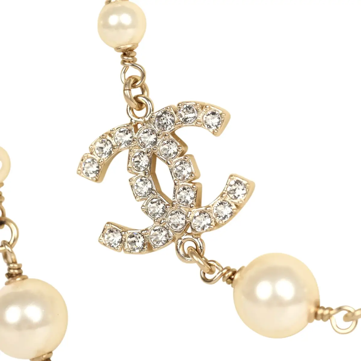 Chanel Chanel Long Crystal CC and Pearl Necklace Faux Pearls Gold Tone Hardware | Thumbnail 3 Chanel Chanel Long Crystal CC and Pearl Necklace Faux Pearls Gold Tone Hardware | Thumbnail 3