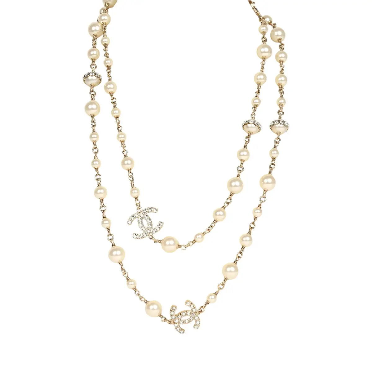 Chanel Chanel Long Crystal CC and Pearl Necklace Faux Pearls Gold Tone Hardware | Image 1 Chanel Chanel Long Crystal CC and Pearl Necklace Faux Pearls Gold Tone Hardware | Image 1