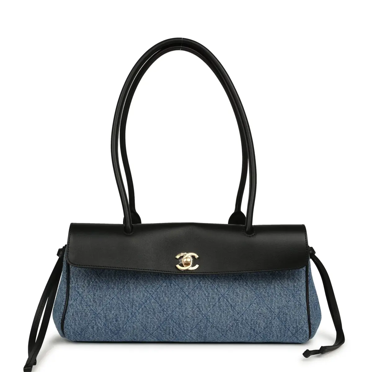 Chanel Chanel Small "Urban Essential" East West Shopping Tote Black Calfskin and Blue Denim Gold Hardware | Image 1 Chanel Chanel Small "Urban Essential" East West Shopping Tote Black Calfskin and Blue Denim Gold Hardware | Image 1