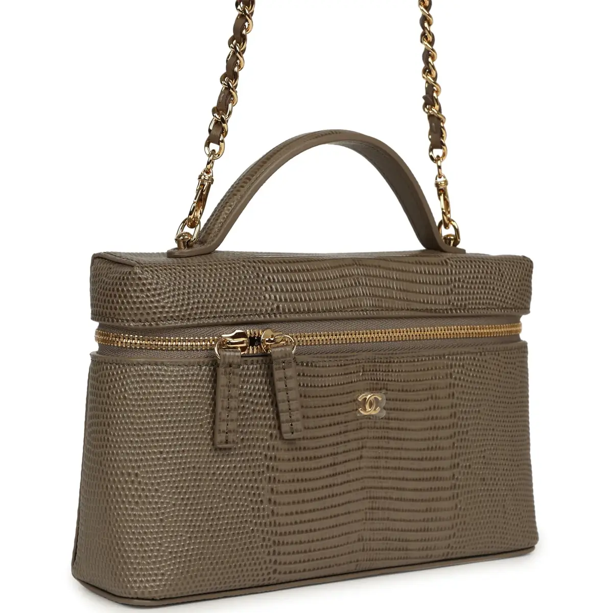 Chanel Chanel Top Handle Long Vanity Case with Chain Dark Khaki Lizard Embossed Calfskin Gold Hardware | Thumbnail 2 Chanel Chanel Top Handle Long Vanity Case with Chain Dark Khaki Lizard Embossed Calfskin Gold Hardware | Thumbnail 2