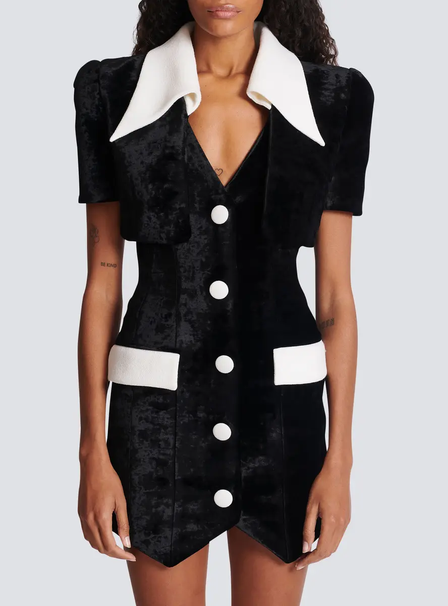 Balmain Short structured dress in velvet and crepe | Thumbnail 8