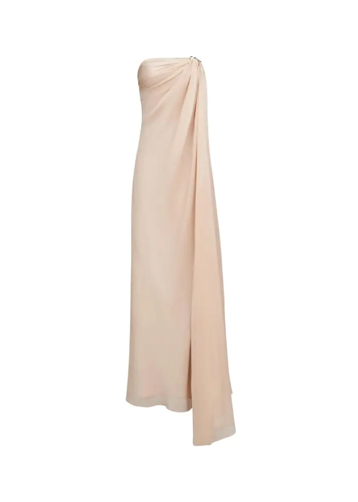 Halston Oyster Draped Strapless Chiffon Gown | Image 1 Halston Oyster Draped Strapless Chiffon Gown | Image 1