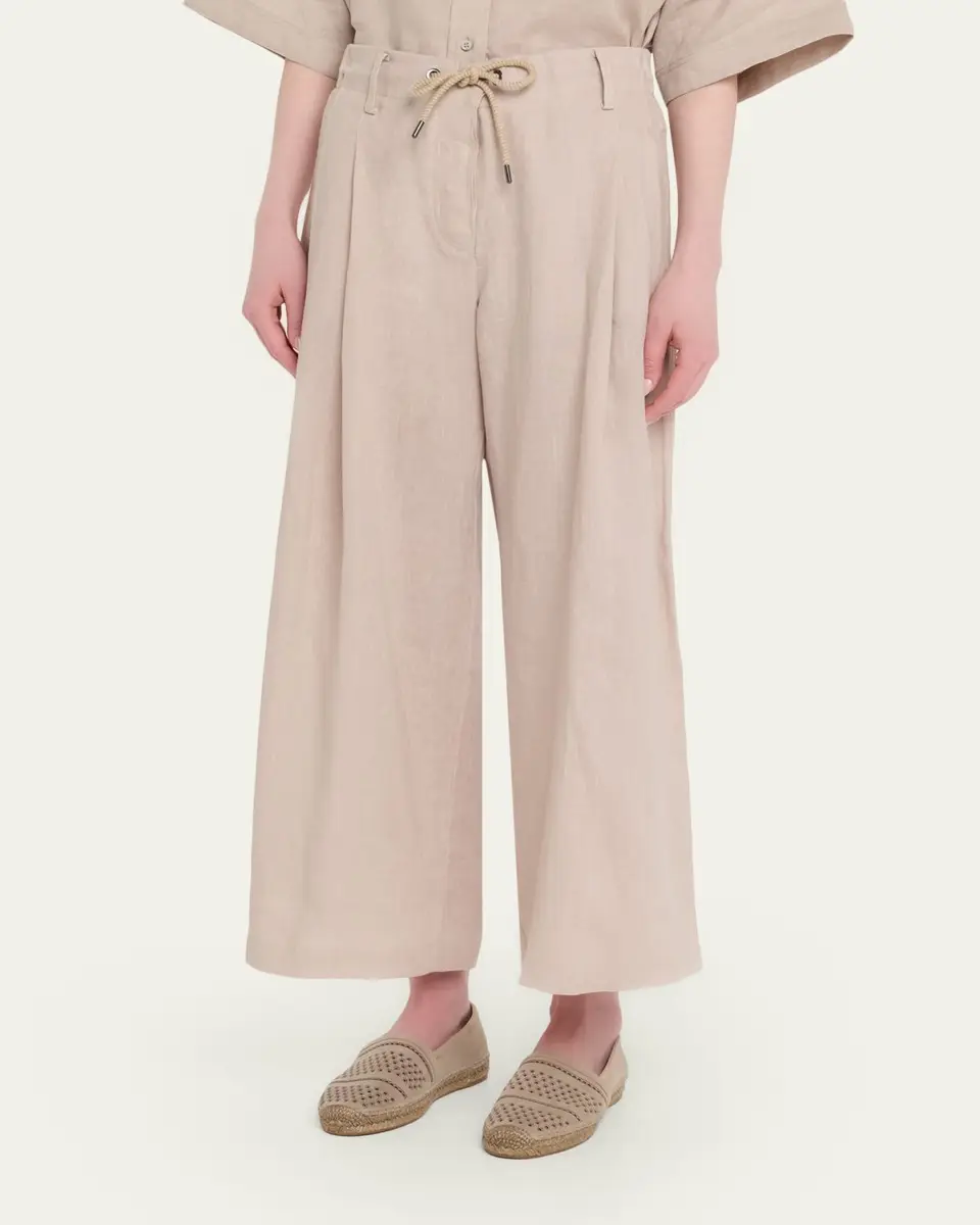 Brunello Cucinelli Drawstring Wide-Leg Linen-Blend Pants | Thumbnail 4