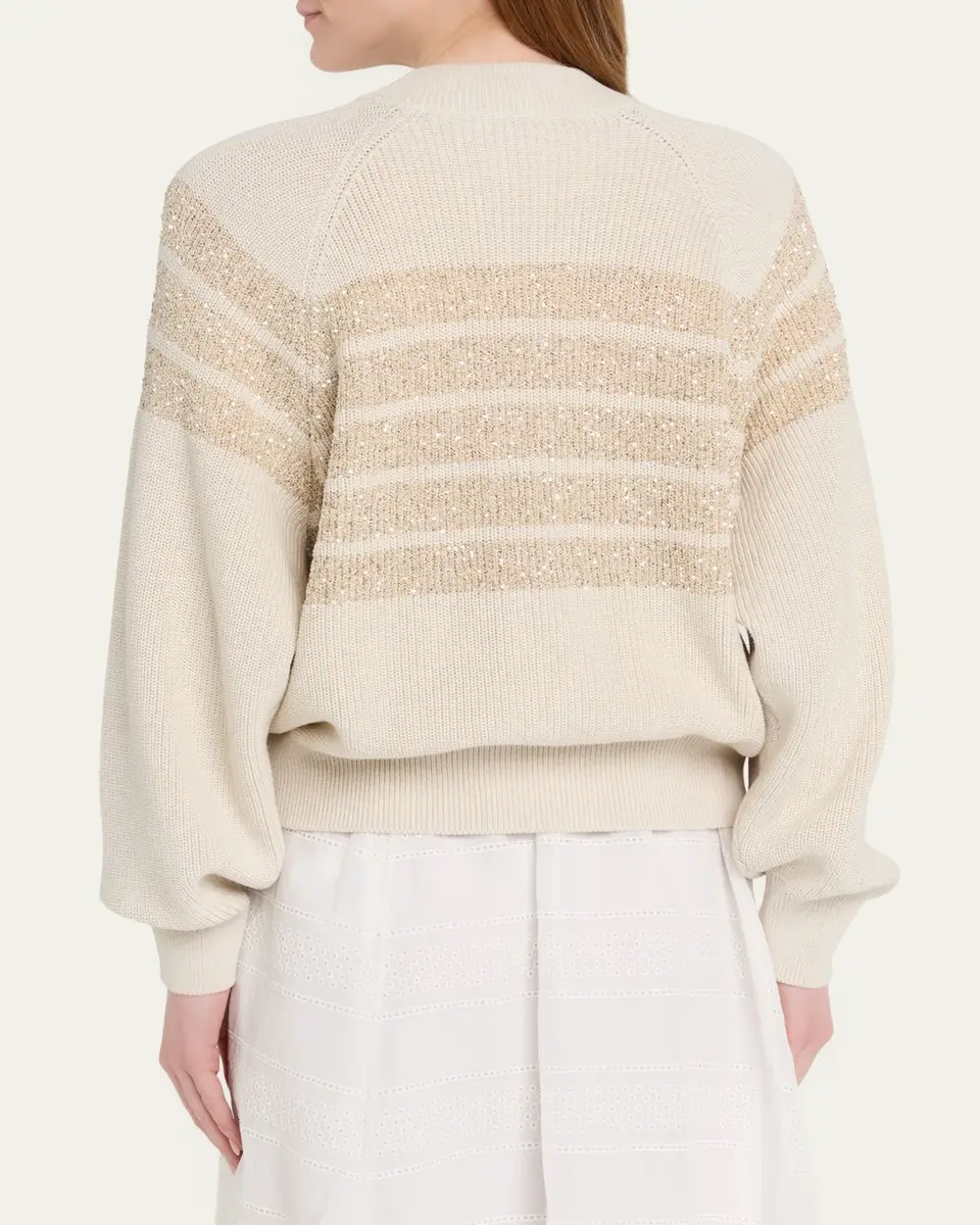Brunello Cucinelli Sequin Striped Cotton Knit Zip-Up Cardigan | Thumbnail 3 Brunello Cucinelli Sequin Striped Cotton Knit Zip-Up Cardigan | Thumbnail 3