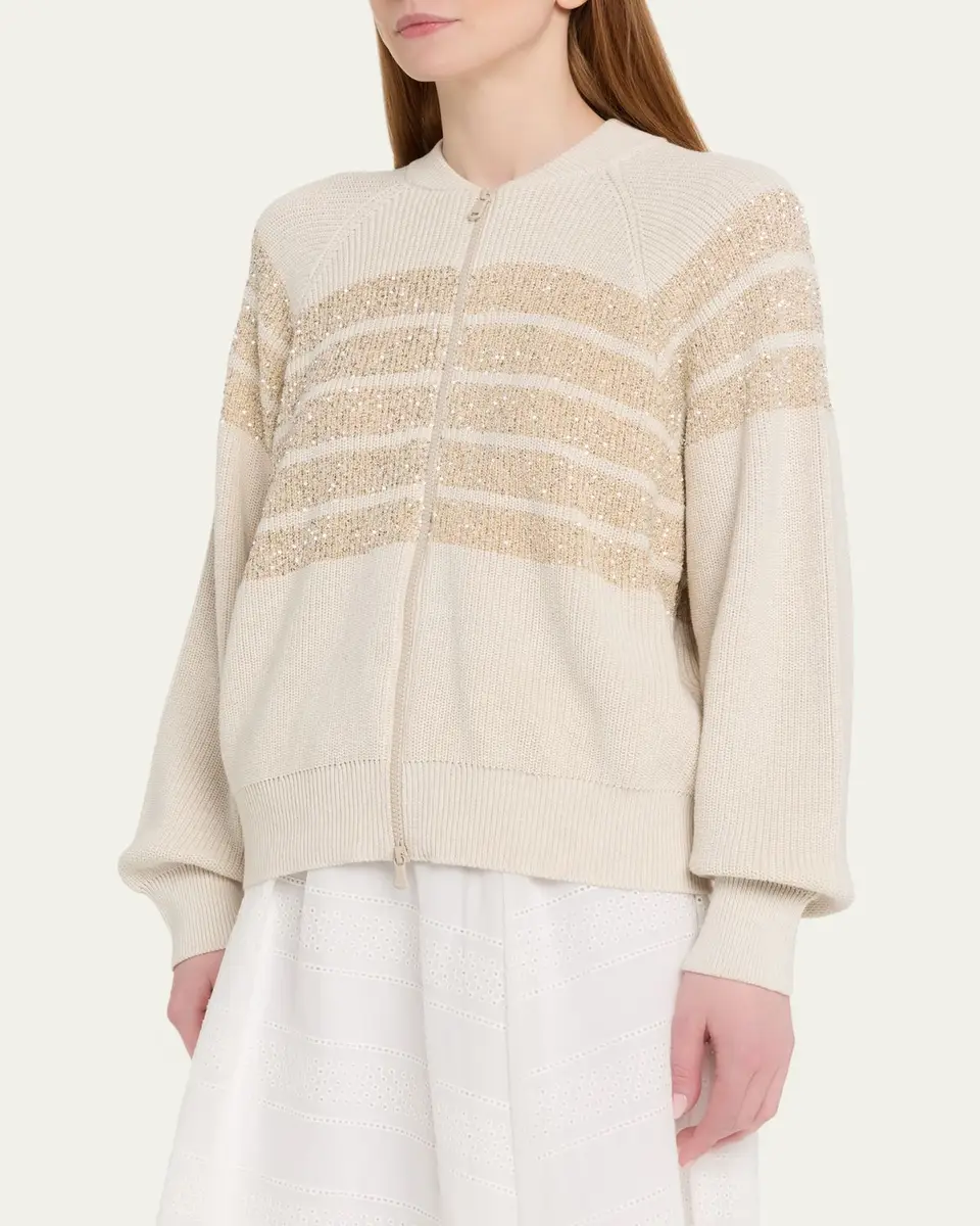 Brunello Cucinelli Sequin Striped Cotton Knit Zip-Up Cardigan | Thumbnail 4 Brunello Cucinelli Sequin Striped Cotton Knit Zip-Up Cardigan | Thumbnail 4