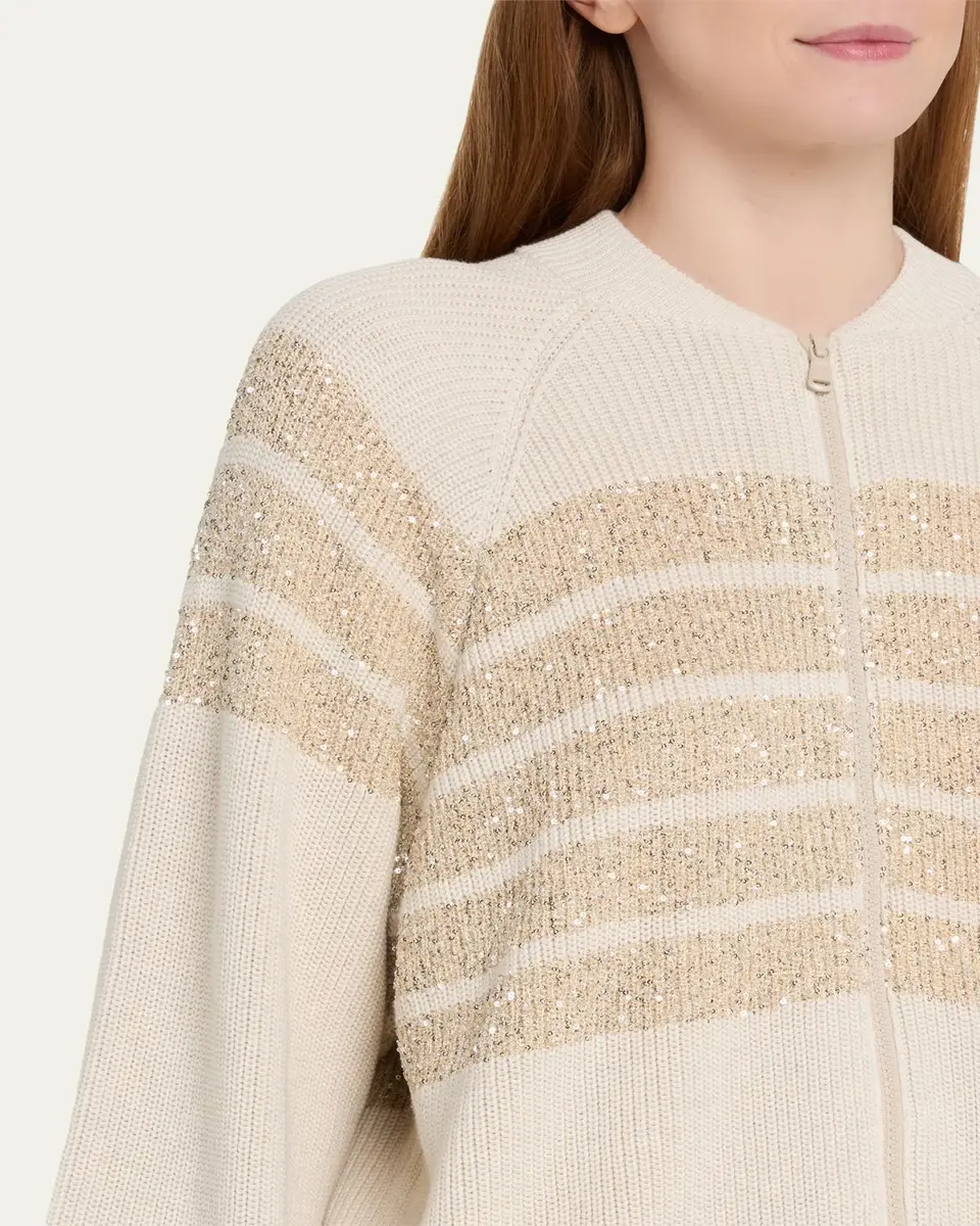 Brunello Cucinelli Sequin Striped Cotton Knit Zip-Up Cardigan | Thumbnail 5 Brunello Cucinelli Sequin Striped Cotton Knit Zip-Up Cardigan | Thumbnail 5