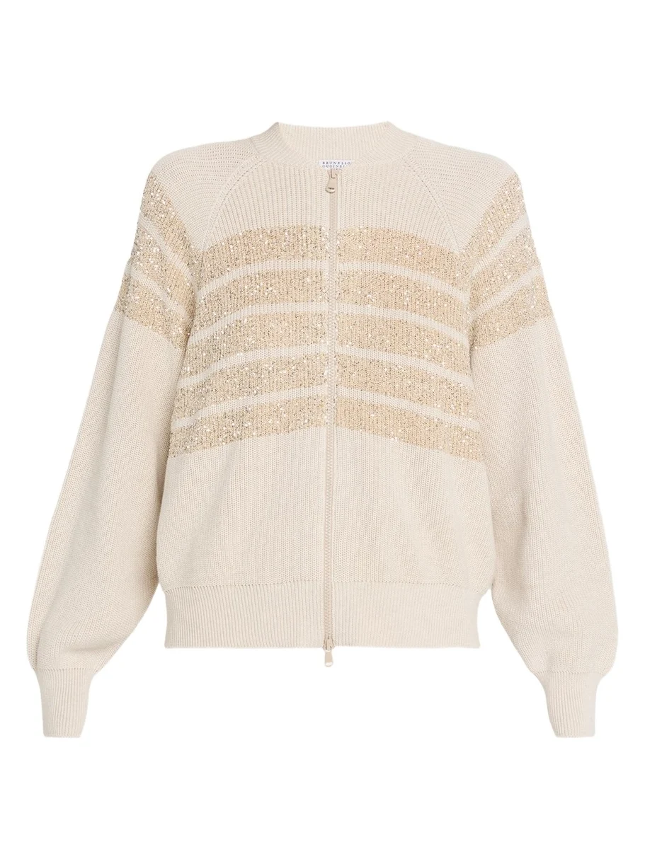Brunello Cucinelli Sequin Striped Cotton Knit Zip-Up Cardigan