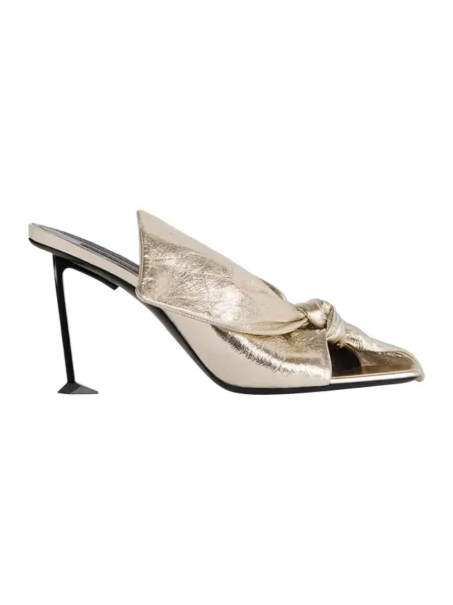 95mm Crinkled Metallic Leather Bow Mules