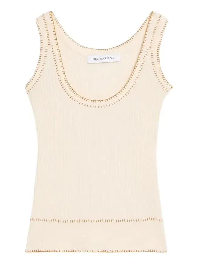 Blanket-Stitch Silk-Cashmere Rib Scoop-Neck Tank Top Blanket-Stitch Silk-Cashmere Rib Scoop-Neck Tank Top