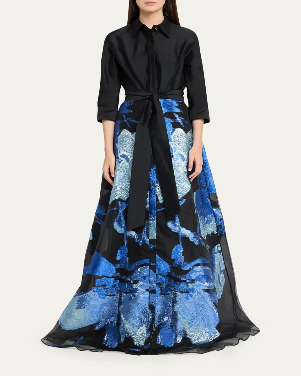 Rickie Freeman for Teri Jon Taffeta and Floral Jacquard Organza Shirt Gown | Thumbnail 2 Rickie Freeman for Teri Jon Taffeta and Floral Jacquard Organza Shirt Gown | Thumbnail 2
