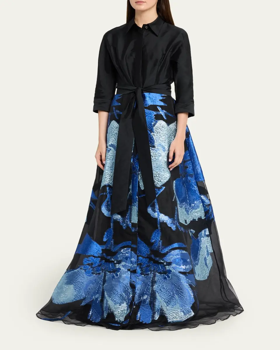 Rickie Freeman for Teri Jon Taffeta and Floral Jacquard Organza Shirt Gown | Thumbnail 4 Rickie Freeman for Teri Jon Taffeta and Floral Jacquard Organza Shirt Gown | Thumbnail 4