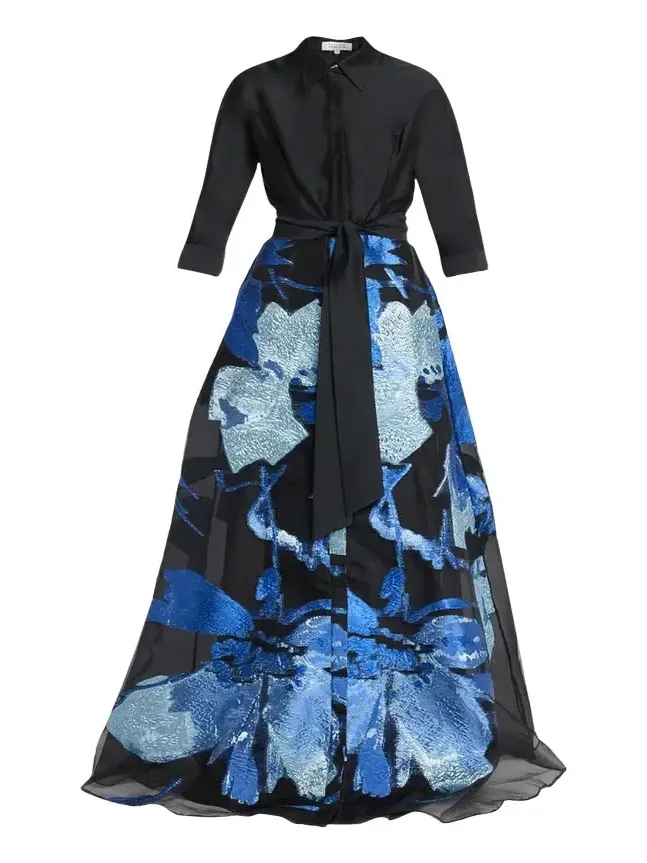 Taffeta and Floral Jacquard Organza Shirt Gown Taffeta and Floral Jacquard Organza Shirt Gown