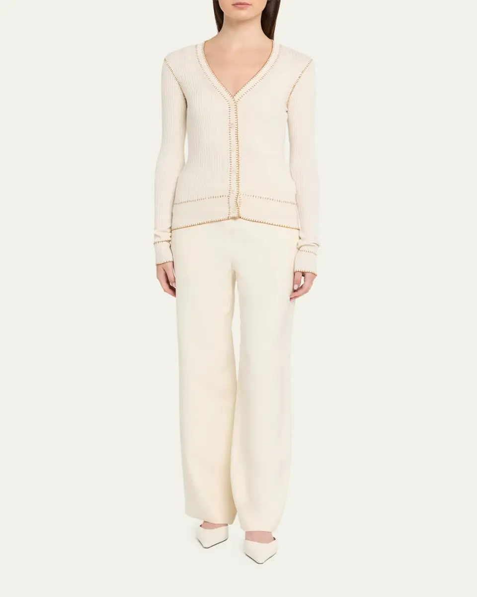 PRABAL GURUNG Blanket Stitched Silk-Cashmere Rib V-Neck Cardigan | Thumbnail 2 PRABAL GURUNG Blanket Stitched Silk-Cashmere Rib V-Neck Cardigan | Thumbnail 2