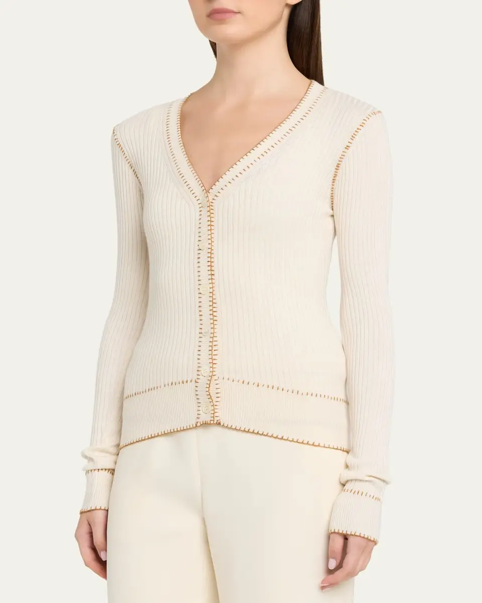 PRABAL GURUNG Blanket Stitched Silk-Cashmere Rib V-Neck Cardigan | Thumbnail 4 PRABAL GURUNG Blanket Stitched Silk-Cashmere Rib V-Neck Cardigan | Thumbnail 4