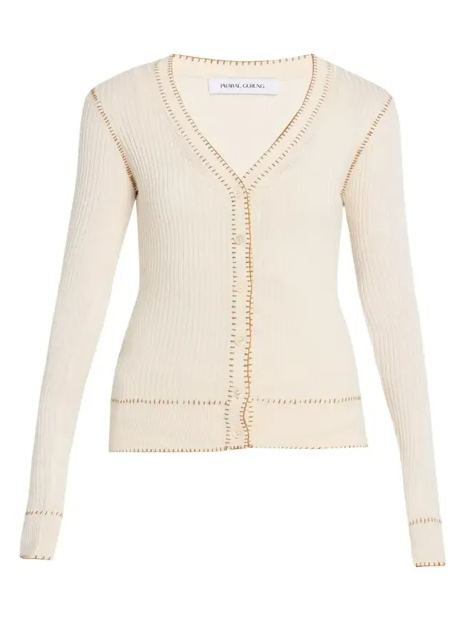 Blanket Stitched Silk-Cashmere Rib V-Neck Cardigan Blanket Stitched Silk-Cashmere Rib V-Neck Cardigan