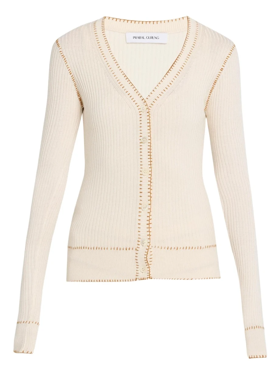 PRABAL GURUNG Blanket Stitched Silk-Cashmere Rib V-Neck Cardigan
