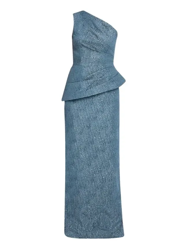 One-Shoulder Metallic Jacquard Peplum Gown One-Shoulder Metallic Jacquard Peplum Gown