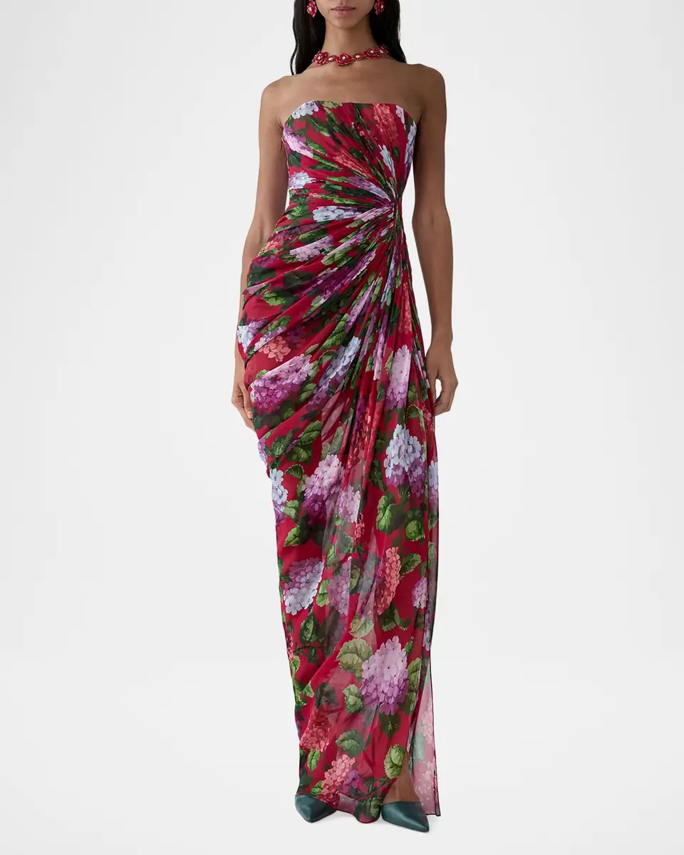 Carolina Herrera Strapless Floral Silk Chiffon Draped Slit Gown | Thumbnail 2 Carolina Herrera Strapless Floral Silk Chiffon Draped Slit Gown | Thumbnail 2