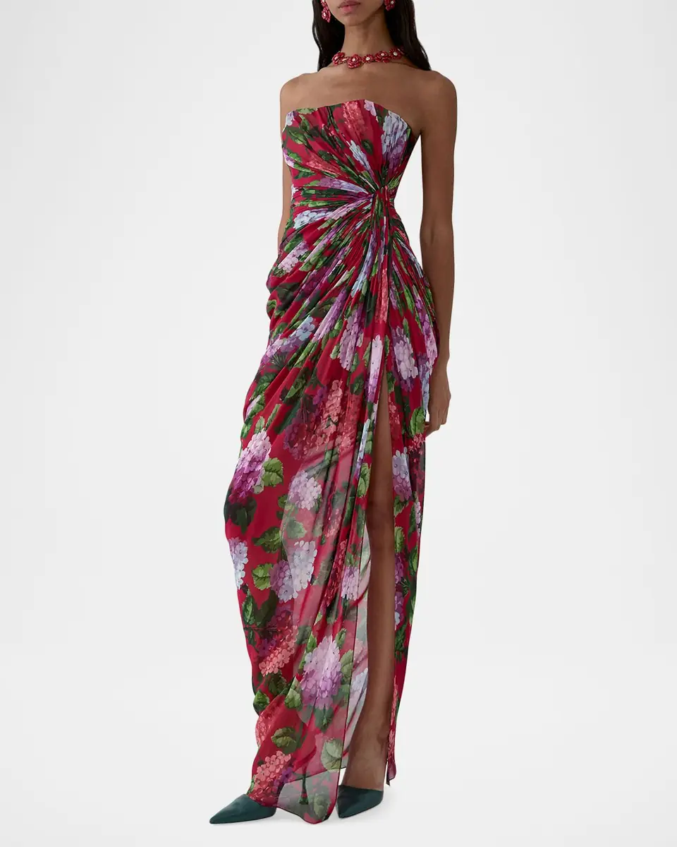 Carolina Herrera Strapless Floral Silk Chiffon Draped Slit Gown | Thumbnail 4 Carolina Herrera Strapless Floral Silk Chiffon Draped Slit Gown | Thumbnail 4
