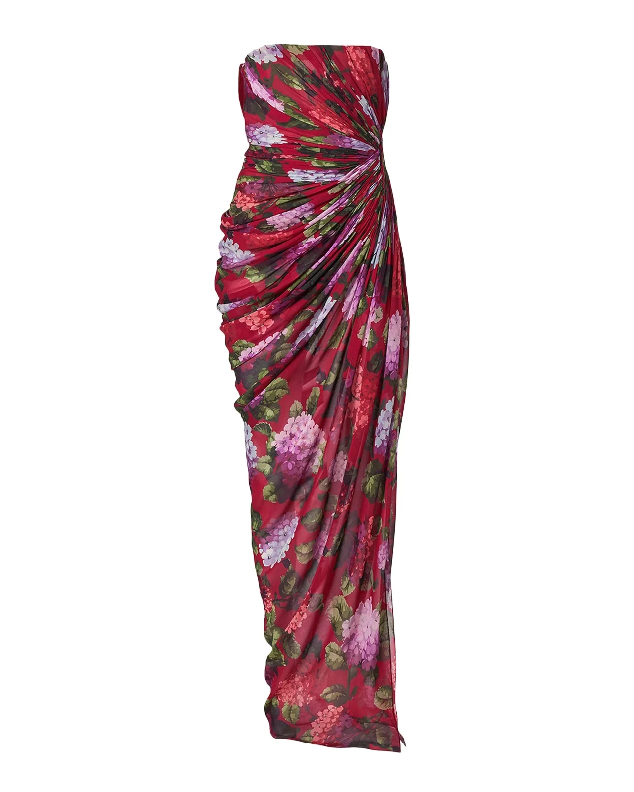 Strapless Floral Silk Chiffon Draped Slit Gown Strapless Floral Silk Chiffon Draped Slit Gown