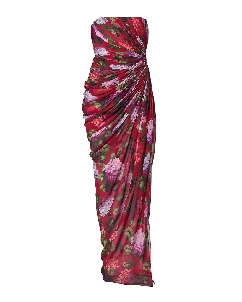 Carolina Herrera Strapless Floral Silk Chiffon Draped Slit Gown | Image 1 Carolina Herrera Strapless Floral Silk Chiffon Draped Slit Gown | Image 1