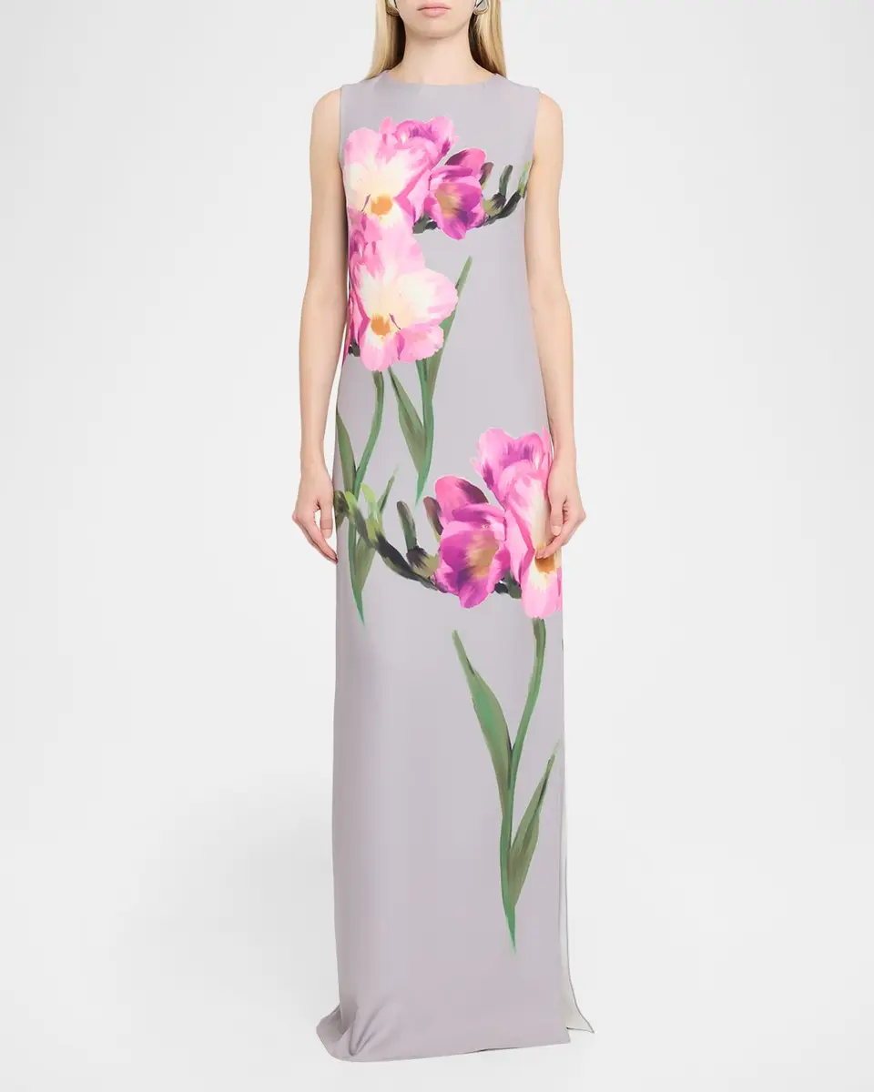 Rickie Freeman for Teri Jon Sleeveless Floral-Print Scuba Column Gown | Thumbnail 2