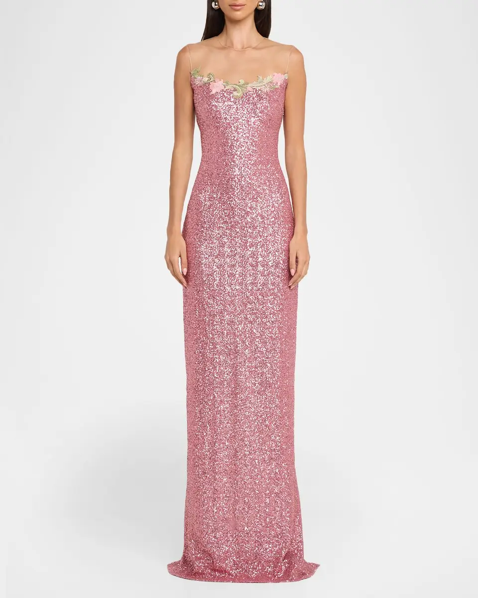 Naeem Khan Illusion Yoke Sequined Floral Applique Sleeveless Gown | Thumbnail 2 Naeem Khan Illusion Yoke Sequined Floral Applique Sleeveless Gown | Thumbnail 2