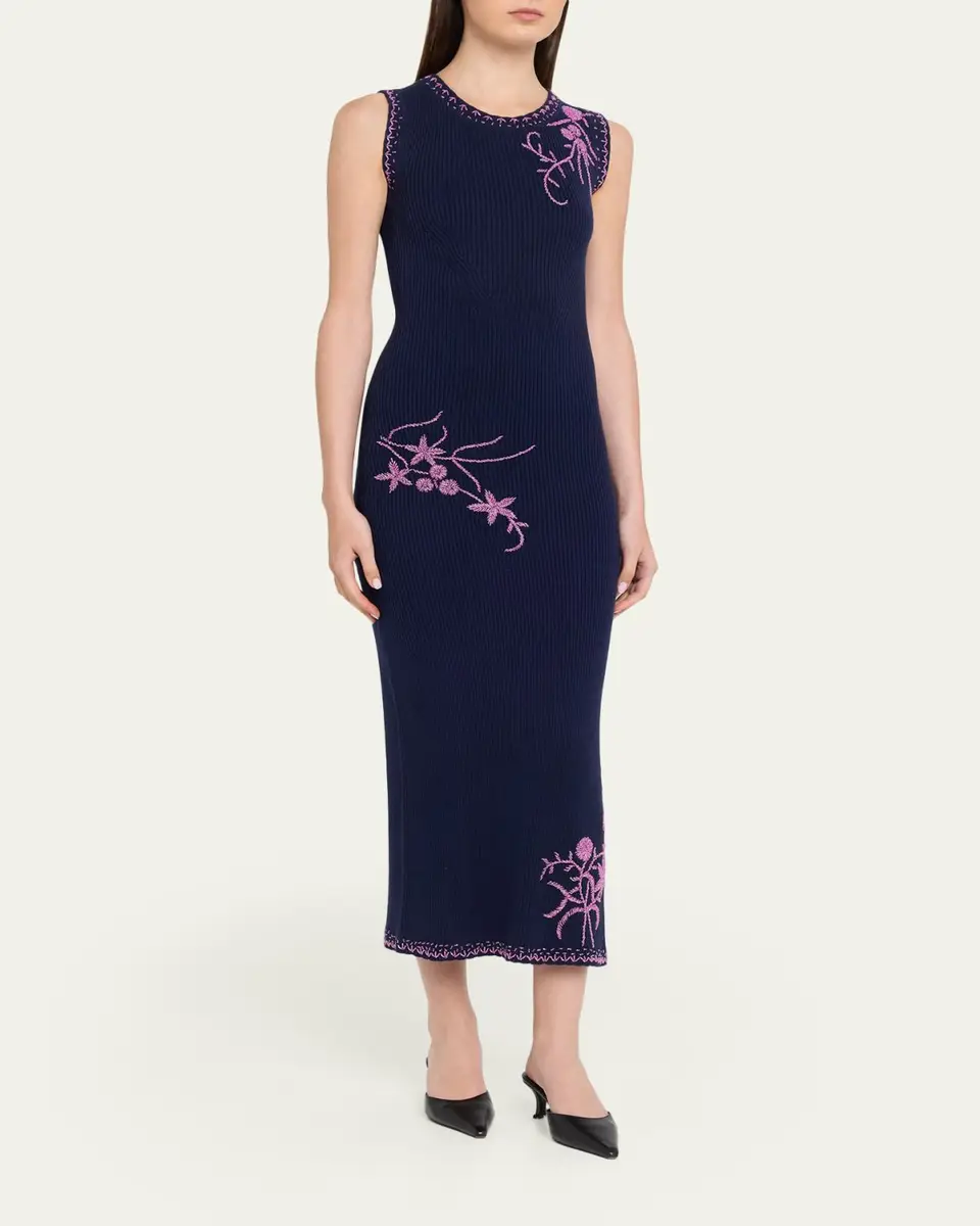 PRABAL GURUNG Floral Bead Embroidered Rib Knit Midi Dress | Thumbnail 4 PRABAL GURUNG Floral Bead Embroidered Rib Knit Midi Dress | Thumbnail 4