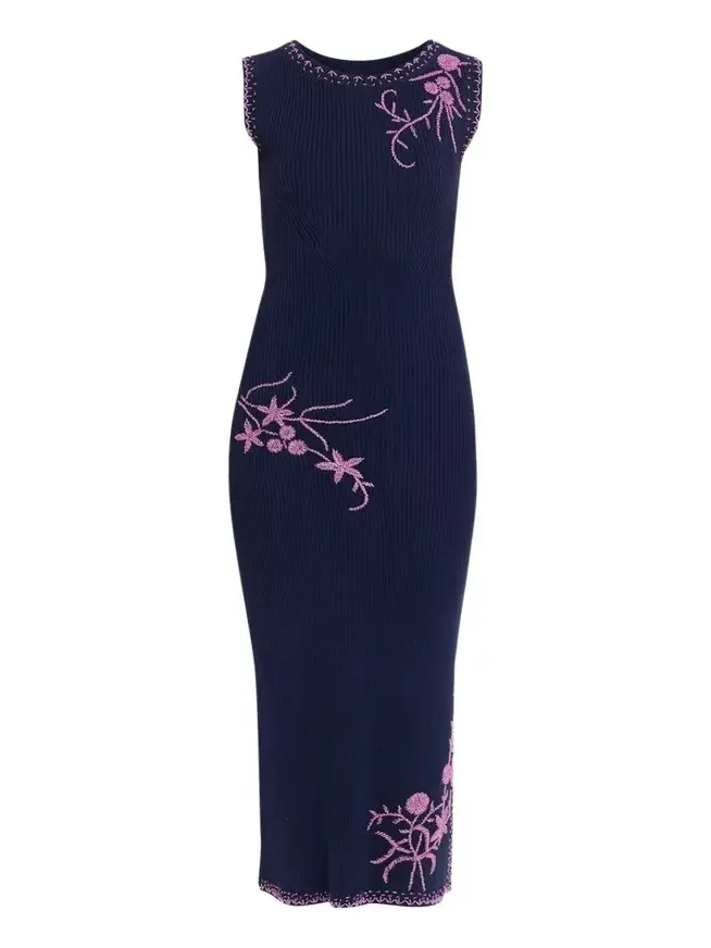 Floral Bead Embroidered Rib Knit Midi Dress