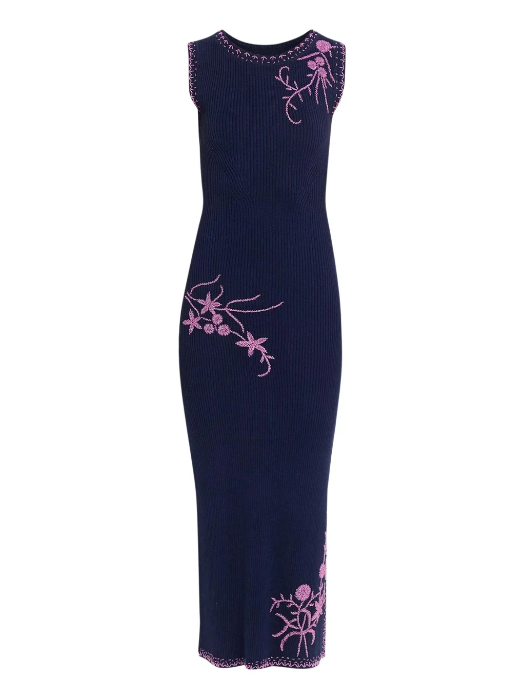 Floral Bead Embroidered Rib Knit Midi Dress
