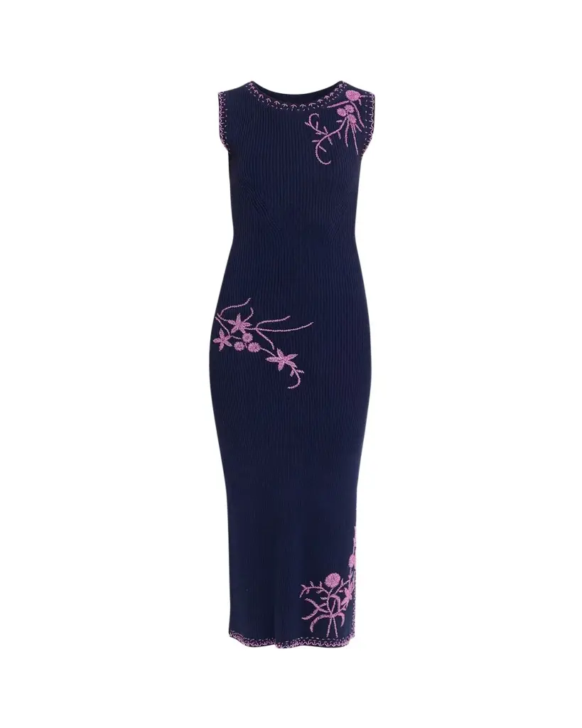 PRABAL GURUNG Floral Bead Embroidered Rib Knit Midi Dress | Image 1 PRABAL GURUNG Floral Bead Embroidered Rib Knit Midi Dress | Image 1