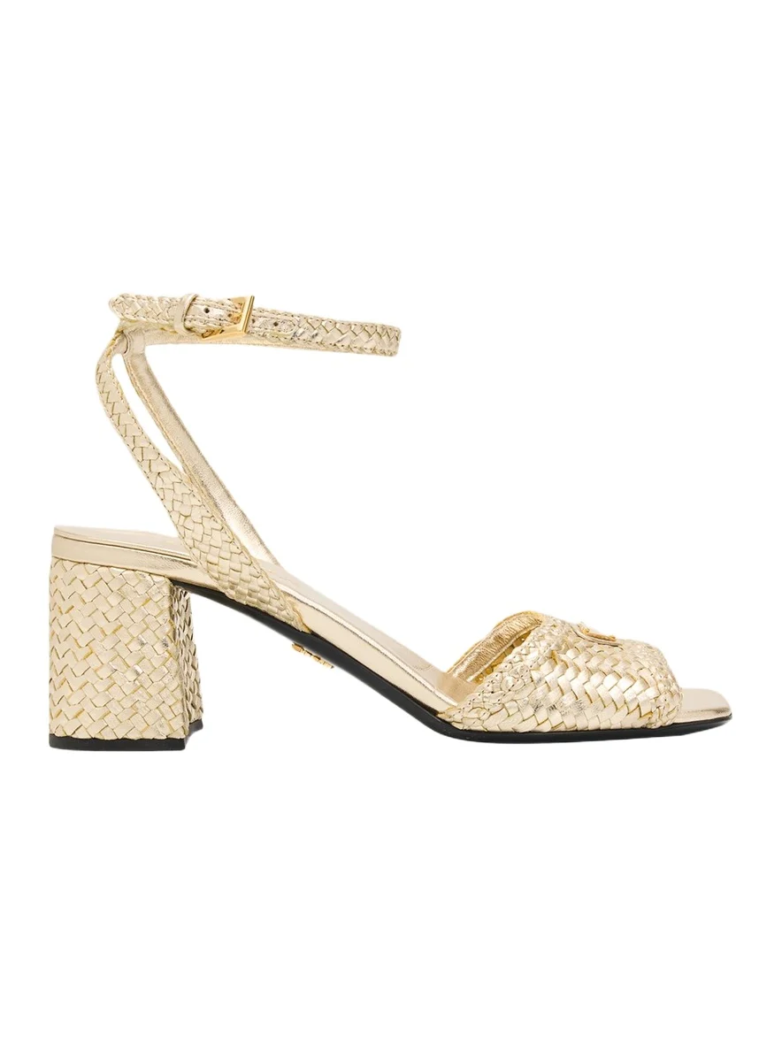 Prada 65mm Madras Woven Metallic Leather Ankle-Strap Sandals