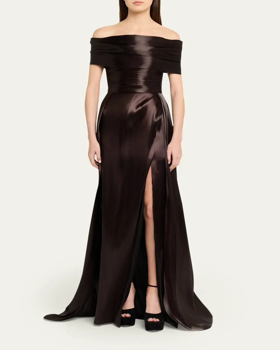 PAMELLA ROLAND Liquid Organza Off-The-Shoulder Slit Gown | Thumbnail 2