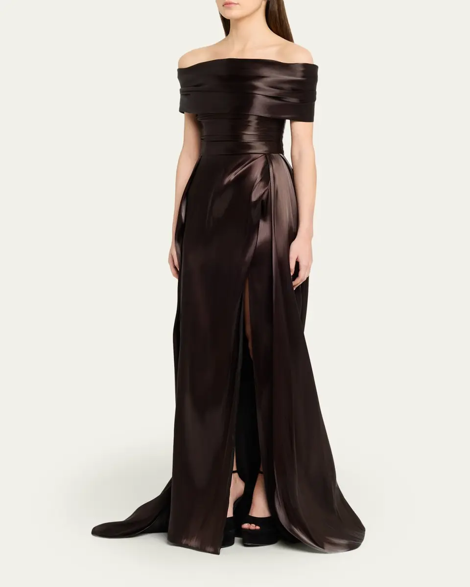 PAMELLA ROLAND Liquid Organza Off-The-Shoulder Slit Gown | Thumbnail 4