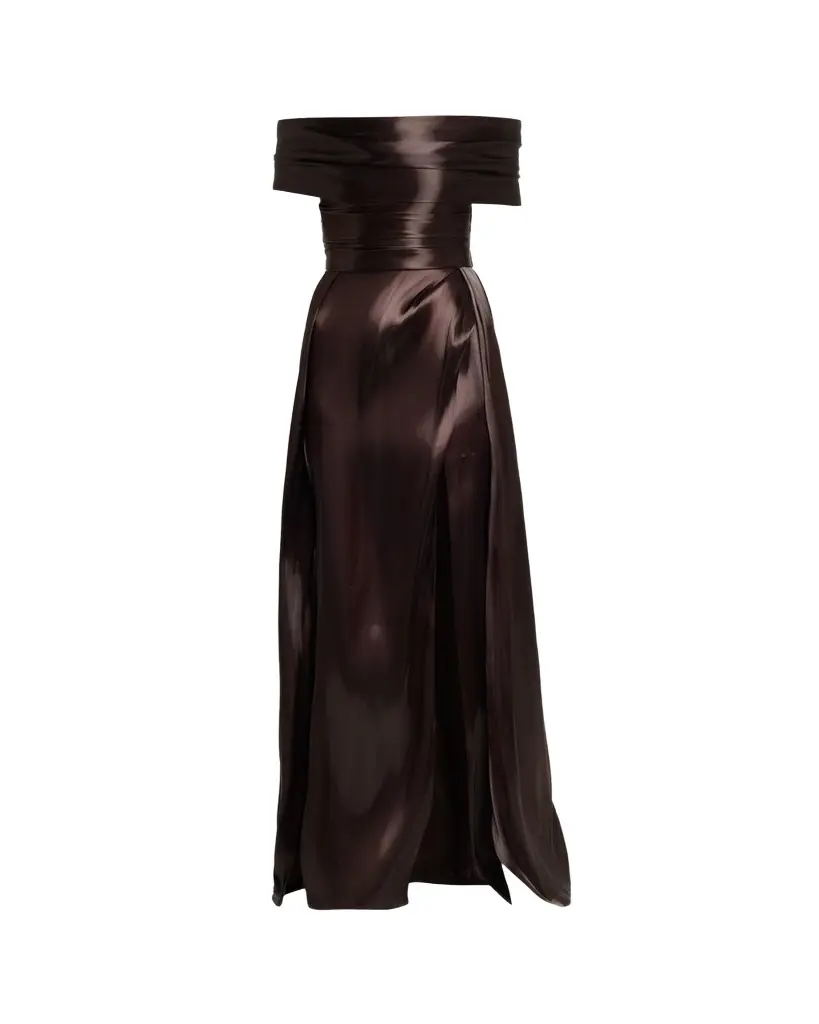 PAMELLA ROLAND Liquid Organza Off-The-Shoulder Slit Gown