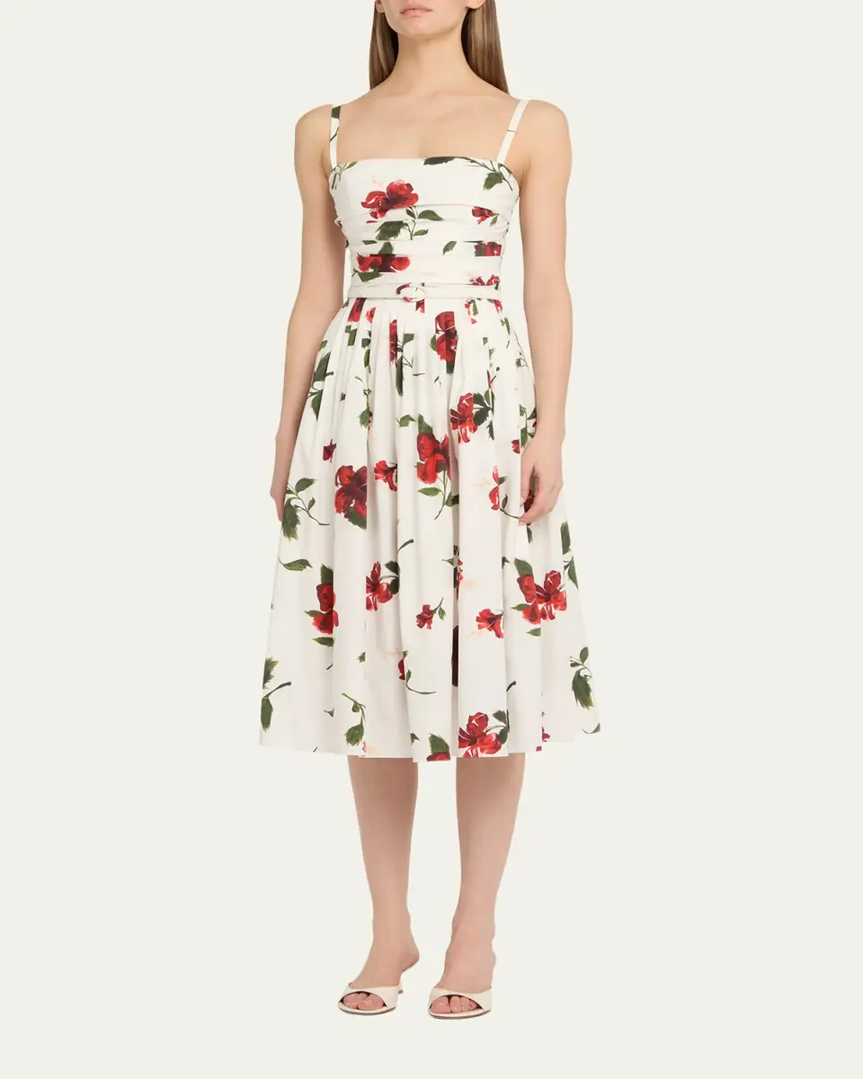 Oscar de la Renta Sleeveless Hibiscus Print Cotton Pleated Midi Dress | Thumbnail 3 Oscar de la Renta Sleeveless Hibiscus Print Cotton Pleated Midi Dress | Thumbnail 3