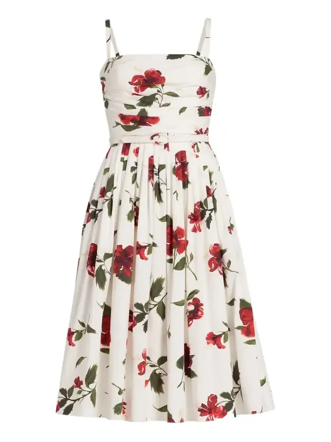 Sleeveless Hibiscus Print Cotton Pleated Midi Dress
