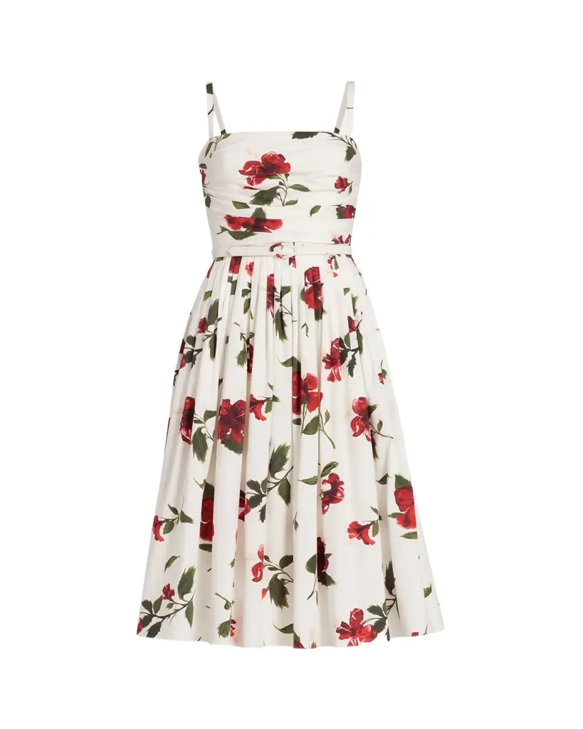 Oscar de la Renta Sleeveless Hibiscus Print Cotton Pleated Midi Dress | Image 1 Oscar de la Renta Sleeveless Hibiscus Print Cotton Pleated Midi Dress | Image 1