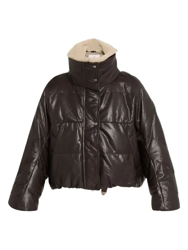 Brunello Cucinelli Waxed Leather Puffer Coat with Shearling Collar