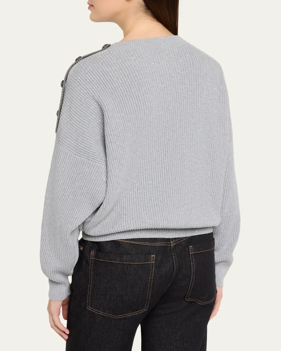 Brunello Cucinelli Sporty Button-Shoulder Cotton Diamante Crewneck Sweater | Thumbnail 3 Brunello Cucinelli Sporty Button-Shoulder Cotton Diamante Crewneck Sweater | Thumbnail 3
