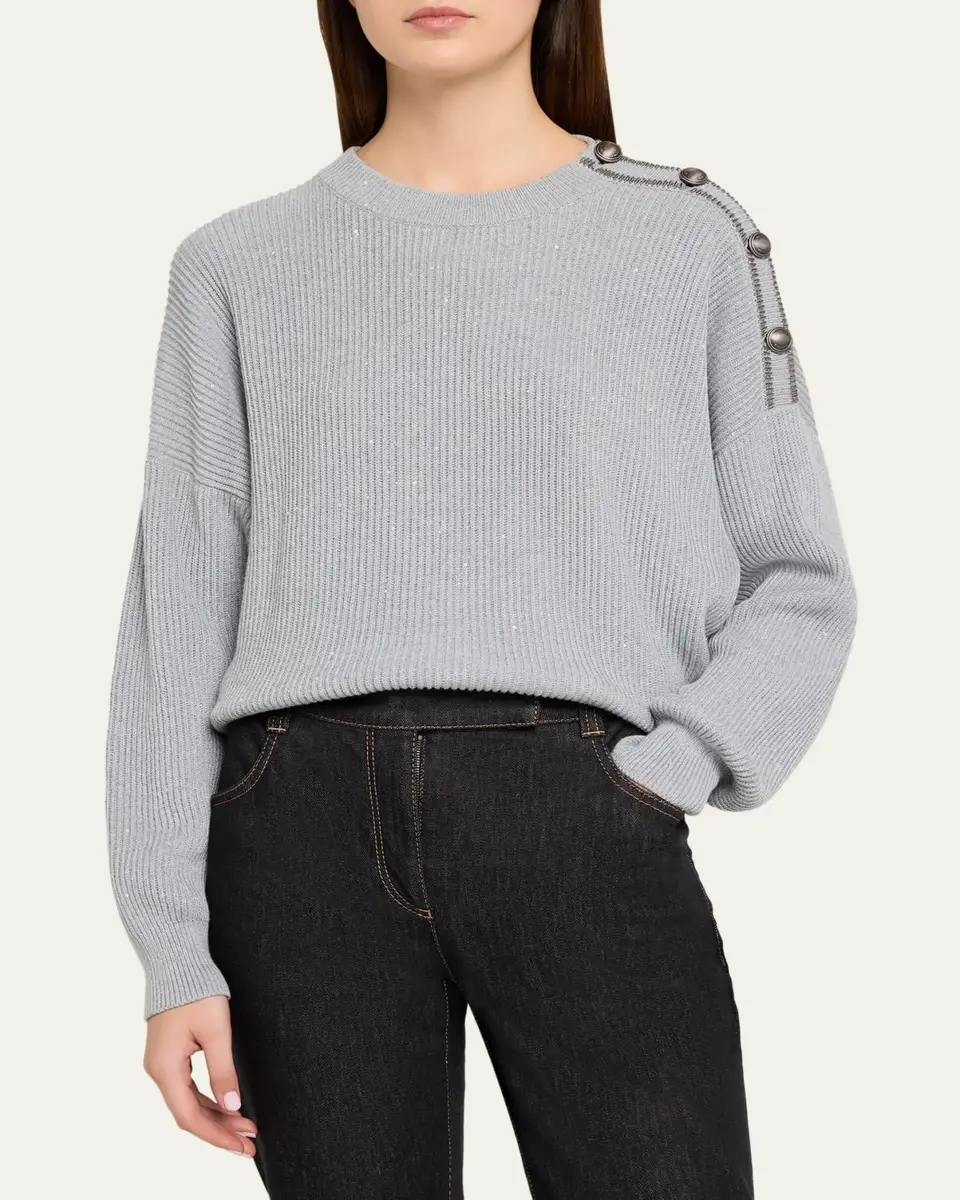 Brunello Cucinelli Sporty Button-Shoulder Cotton Diamante Crewneck Sweater | Thumbnail 4 Brunello Cucinelli Sporty Button-Shoulder Cotton Diamante Crewneck Sweater | Thumbnail 4